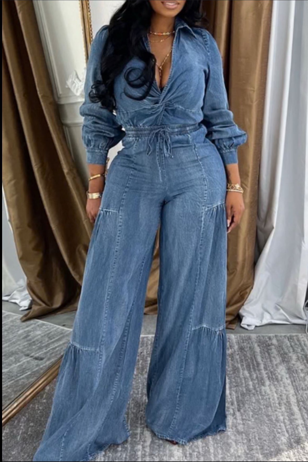 Long Sleeve Denim Flow Jumpsuit