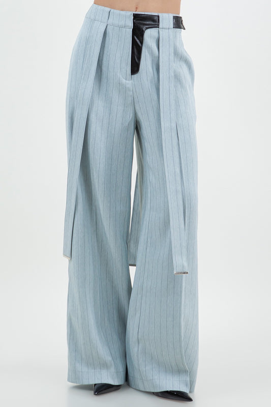 PINSTRIPE PU COMBO TROUSERS WITH STRAP DETAILS
