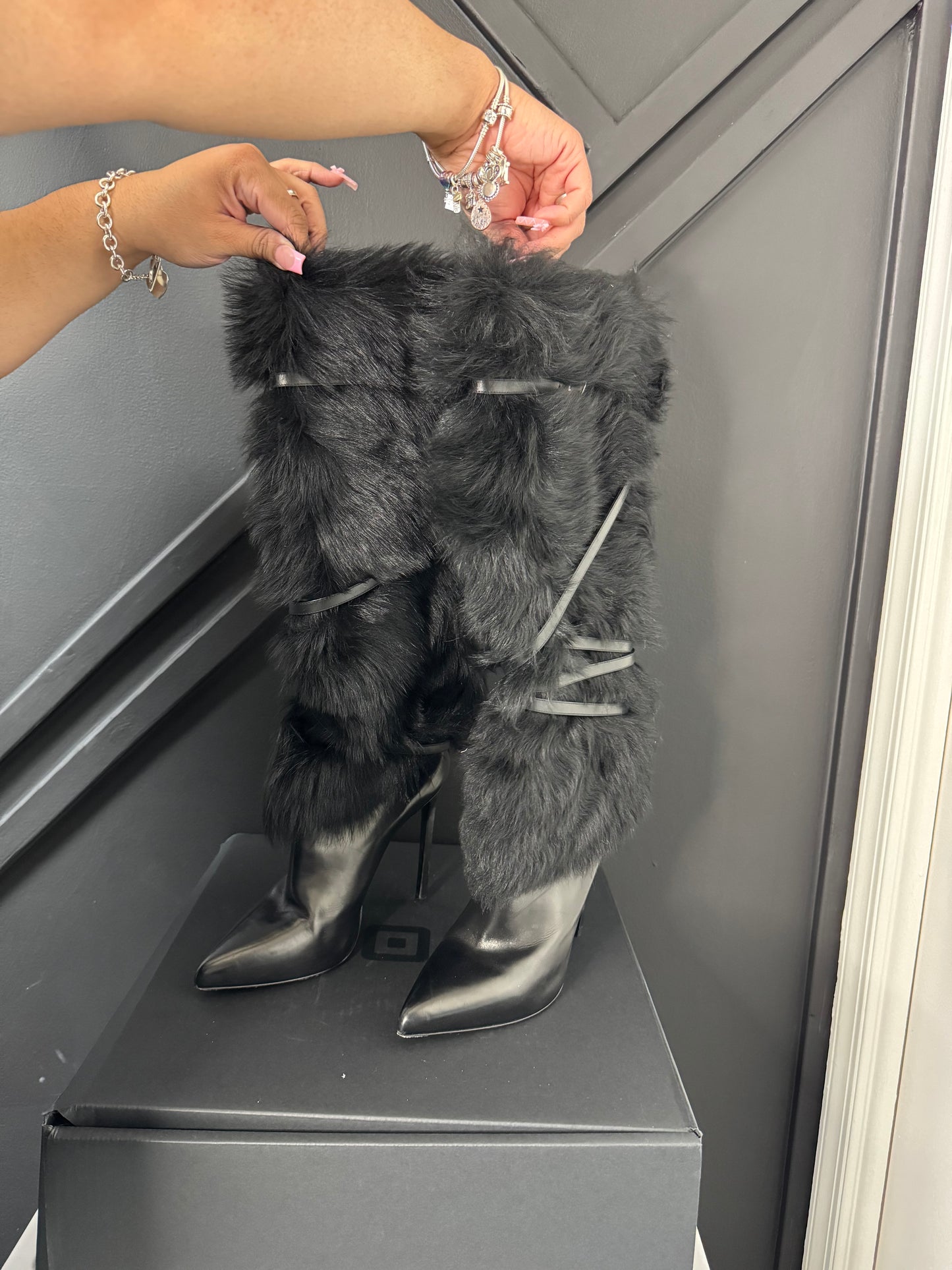 YSL Fur Embellishment Slouch Boots Sz 11B