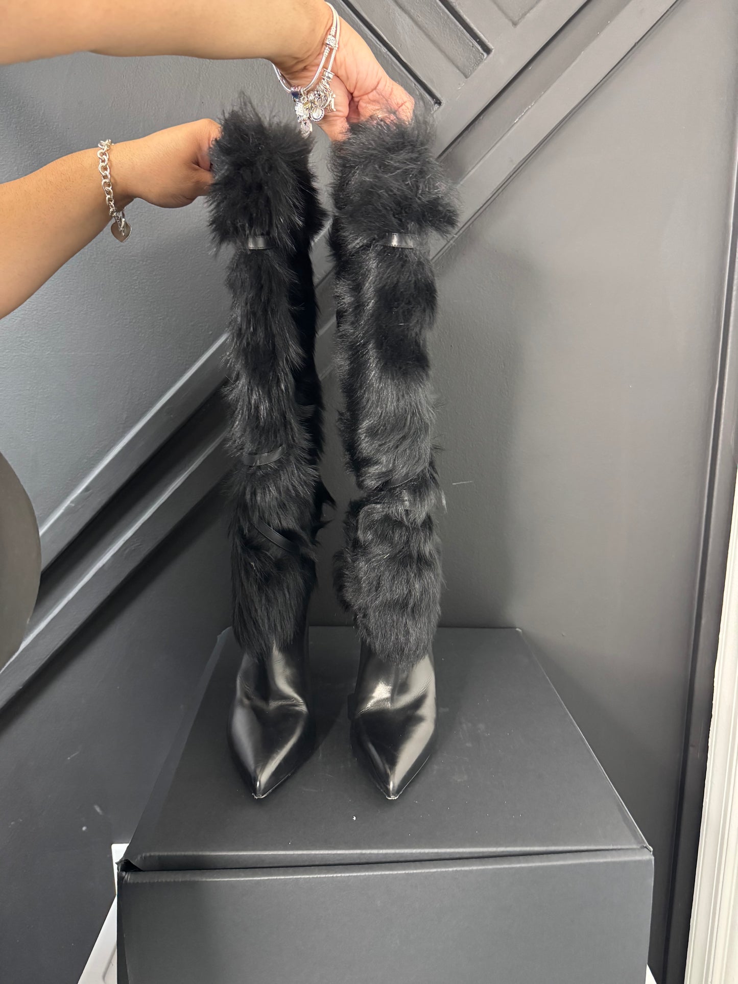 YSL Fur Embellishment Slouch Boots Sz 11B