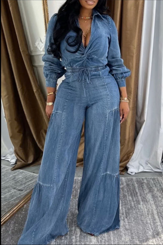 Long Sleeve Denim Flow Jumpsuit