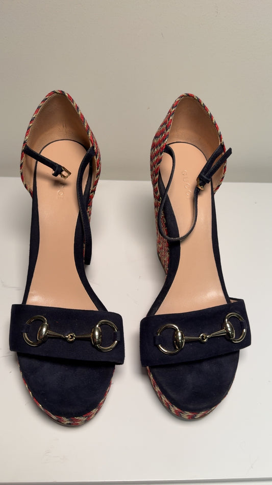 Authentic Gucci Horsebit Strap Suede Trim Wedge Platform Sandal Sz 40