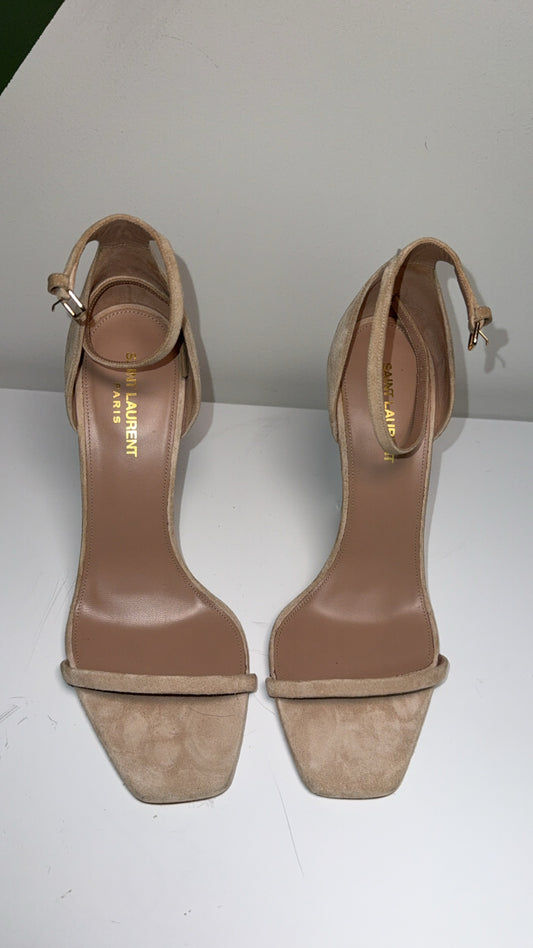 Authentic YSL Saint Laurent Opyum Cashmere/Pale Gold Misia Ankle Strap Suede Sandal SZ 41