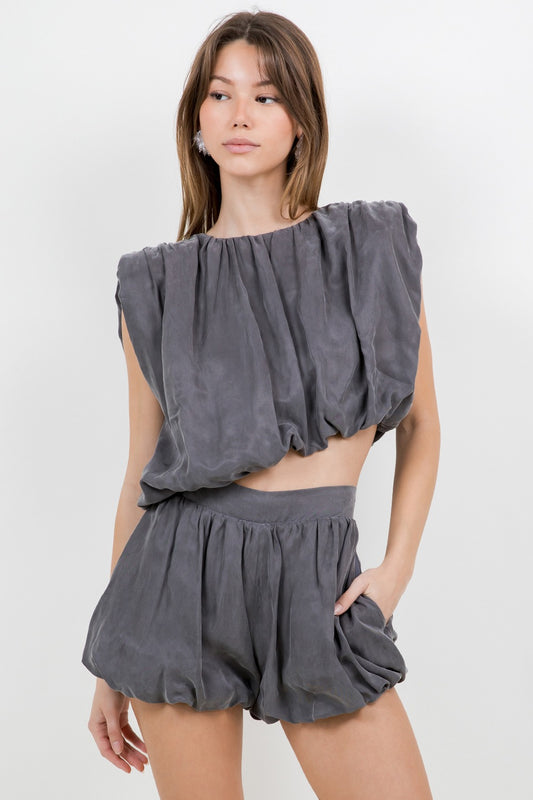 DARK GRAY ASYMMETRICAL HEMMED WITH SHOULDER PAD WOVEN TOP